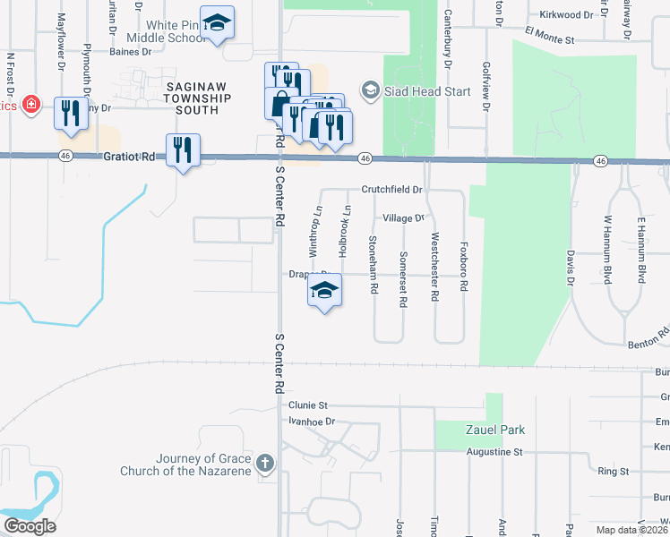 map of restaurants, bars, coffee shops, grocery stores, and more near 530 Holbrook Lane in Saginaw
