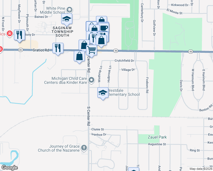 map of restaurants, bars, coffee shops, grocery stores, and more near 530 Holbrook Lane in Saginaw