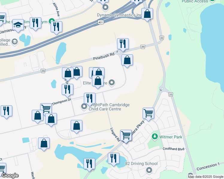 map of restaurants, bars, coffee shops, grocery stores, and more near 425 Thompson Drive in Cambridge