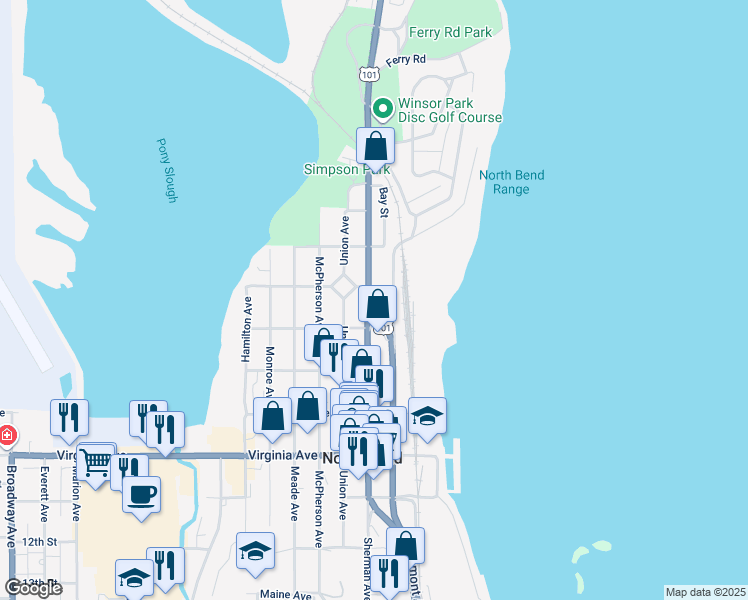 map of restaurants, bars, coffee shops, grocery stores, and more near 1625 Sherman Avenue in North Bend