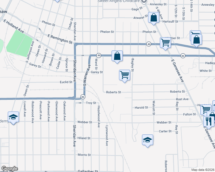 map of restaurants, bars, coffee shops, grocery stores, and more near 2714 Ruckle Street in Saginaw