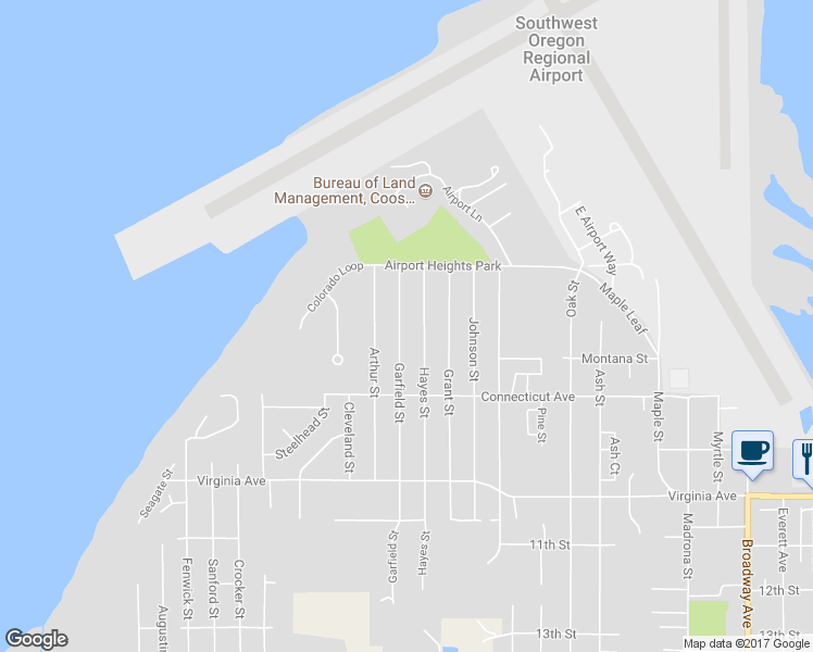 map of restaurants, bars, coffee shops, grocery stores, and more near 1635 Garfield Street in North Bend