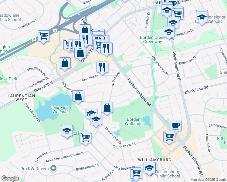 map of restaurants, bars, coffee shops, grocery stores, and more near 48 Activa Avenue in Kitchener