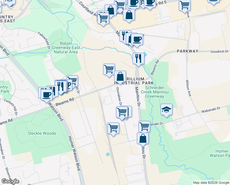 map of restaurants, bars, coffee shops, grocery stores, and more near 45 Otonabee Drive in Kitchener