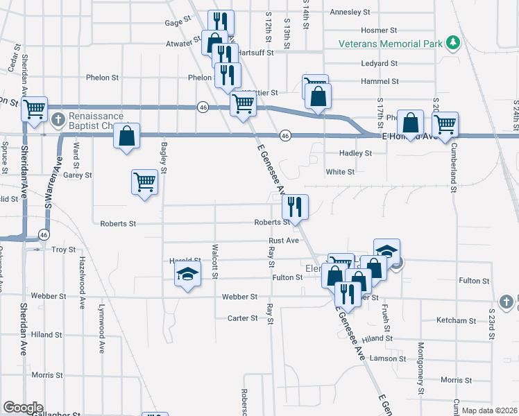 map of restaurants, bars, coffee shops, grocery stores, and more near 3312 Ruckle Street in Saginaw