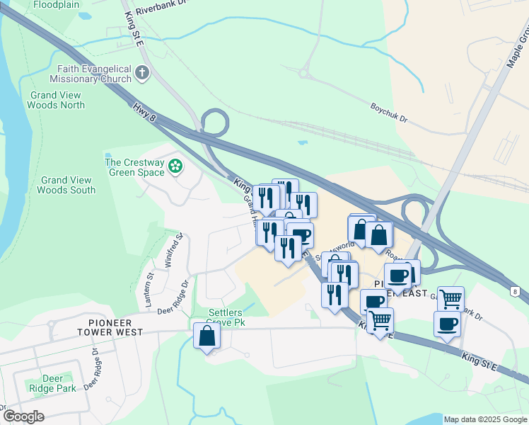 map of restaurants, bars, coffee shops, grocery stores, and more near 4169 King Street East in Kitchener