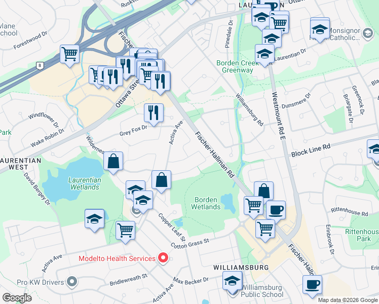 map of restaurants, bars, coffee shops, grocery stores, and more near 58 Bush Clover Crescent in Kitchener