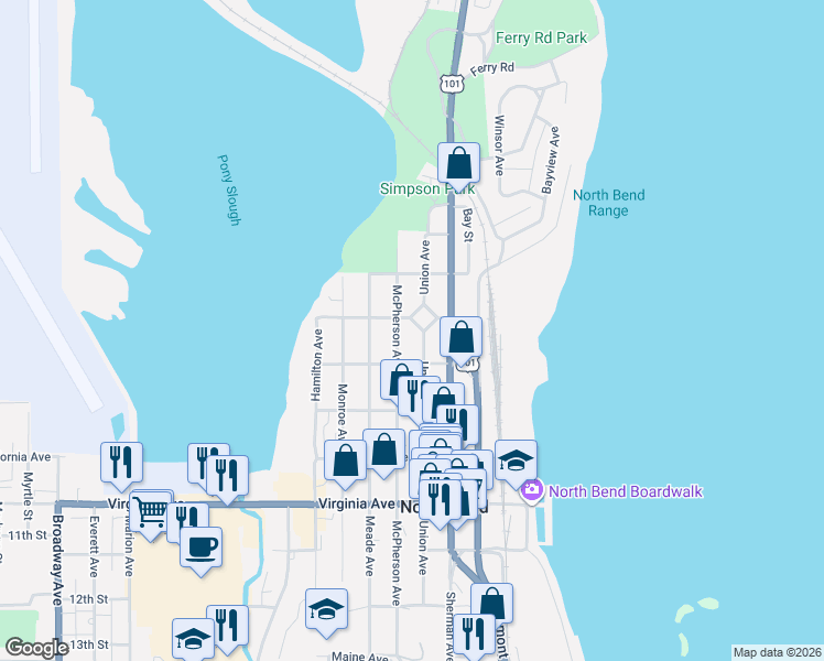 map of restaurants, bars, coffee shops, grocery stores, and more near 829 Florida Street in North Bend