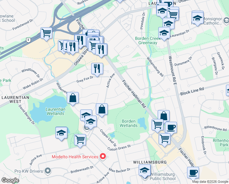 map of restaurants, bars, coffee shops, grocery stores, and more near 58 Bush Clover Crescent in Kitchener
