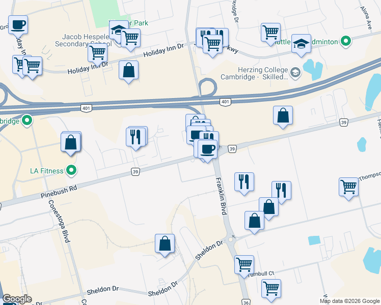 map of restaurants, bars, coffee shops, grocery stores, and more near 194 Pinebush Road in Cambridge