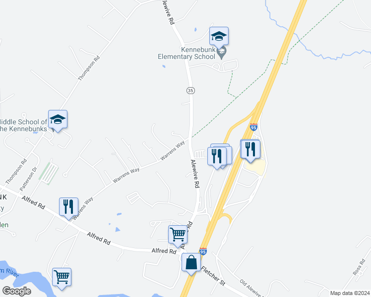 map of restaurants, bars, coffee shops, grocery stores, and more near 98 Alewive Road in Kennebunk