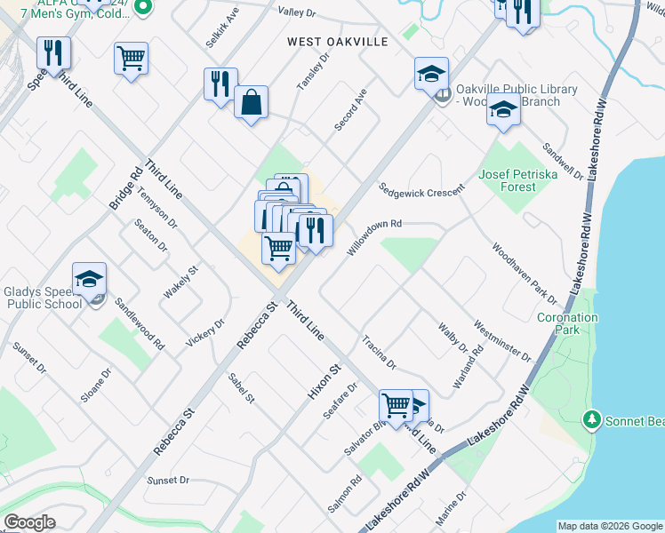 map of restaurants, bars, coffee shops, grocery stores, and more near 1473 Willowdown Road in Oakville