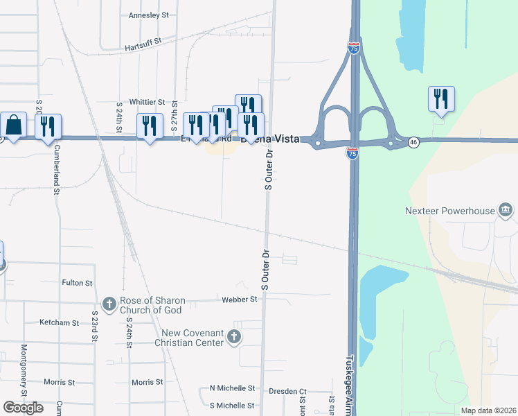 map of restaurants, bars, coffee shops, grocery stores, and more near 1615 South Outer Drive in Saginaw