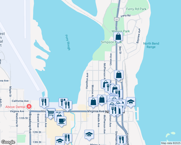map of restaurants, bars, coffee shops, grocery stores, and more near 1620 Monroe Avenue in North Bend