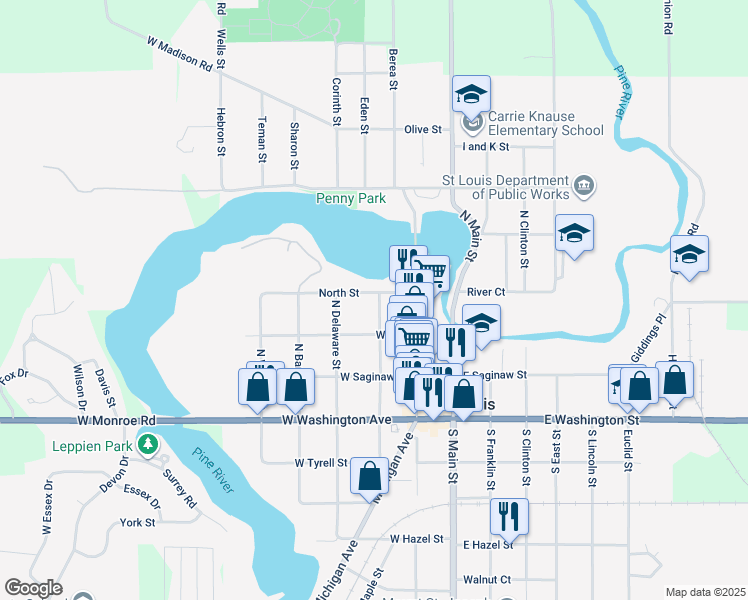 map of restaurants, bars, coffee shops, grocery stores, and more near 323 North Pine Street in St. Louis