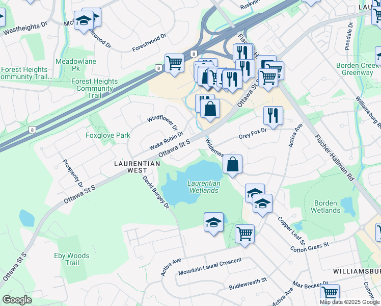 map of restaurants, bars, coffee shops, grocery stores, and more near Watercress Court in Kitchener