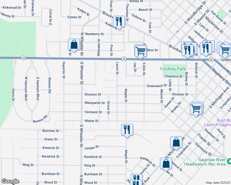 map of restaurants, bars, coffee shops, grocery stores, and more near 423 Larch Street in Saginaw