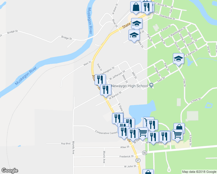 map of restaurants, bars, coffee shops, grocery stores, and more near 253 State Street in Newaygo