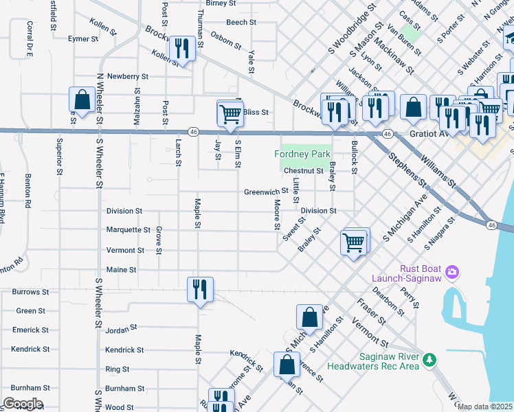 map of restaurants, bars, coffee shops, grocery stores, and more near 1440 Division Street in Saginaw