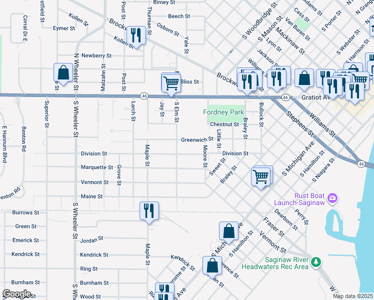 map of restaurants, bars, coffee shops, grocery stores, and more near 1440 Division Street in Saginaw