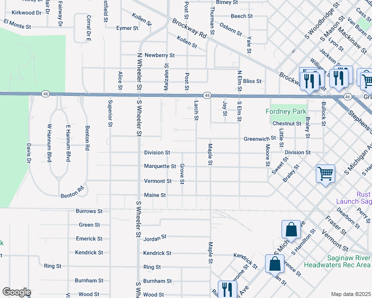 map of restaurants, bars, coffee shops, grocery stores, and more near 1808 Division Street in Saginaw