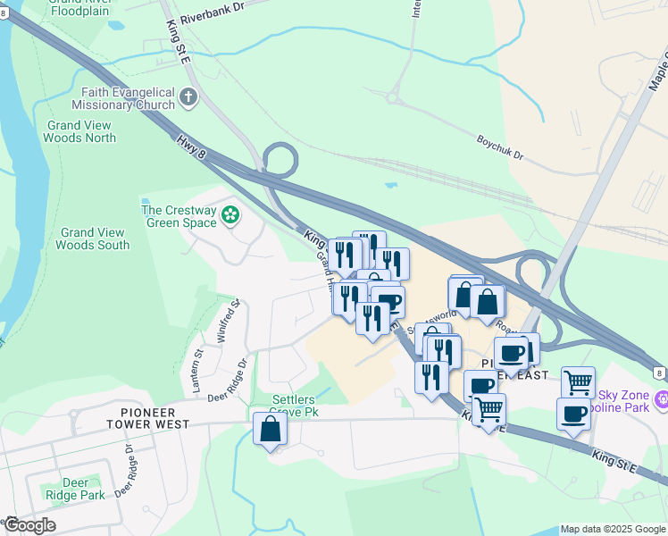map of restaurants, bars, coffee shops, grocery stores, and more near 4169 King Street East in Kitchener