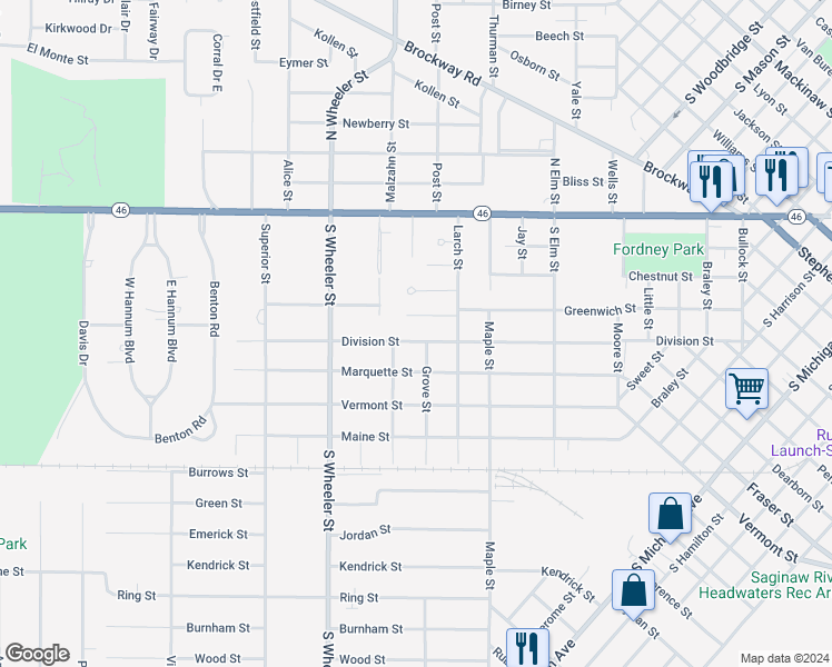 map of restaurants, bars, coffee shops, grocery stores, and more near 1808 Division Street in Saginaw
