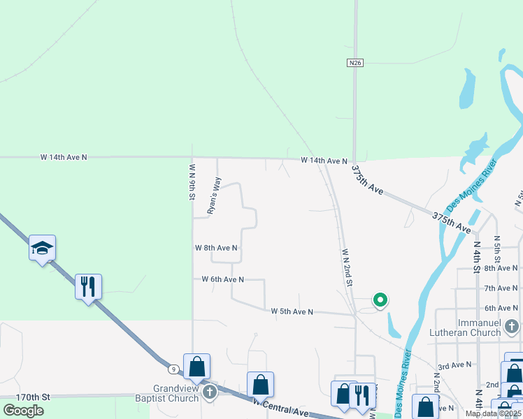 map of restaurants, bars, coffee shops, grocery stores, and more near Brad Alan Boulevard in Estherville