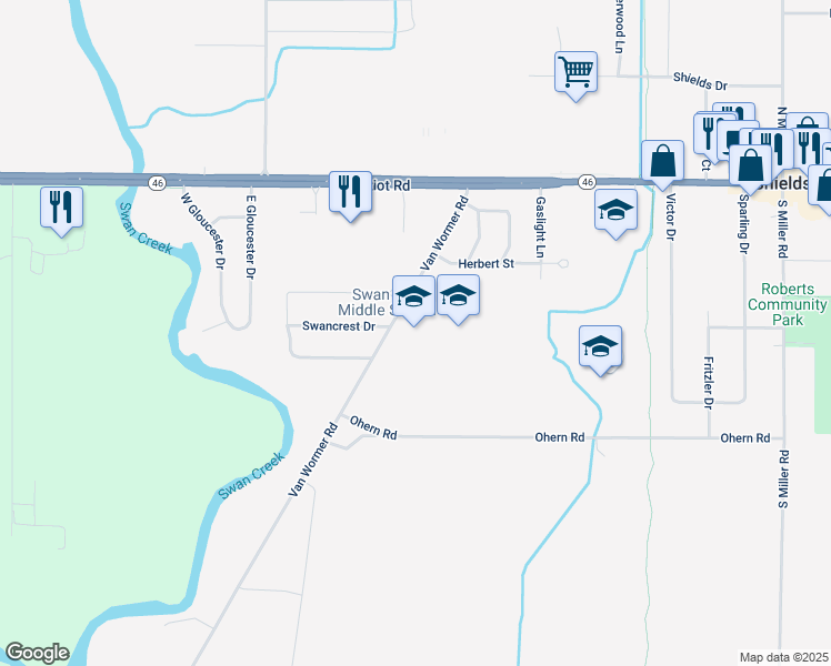 map of restaurants, bars, coffee shops, grocery stores, and more near 457 Van Wormer Road in Saginaw
