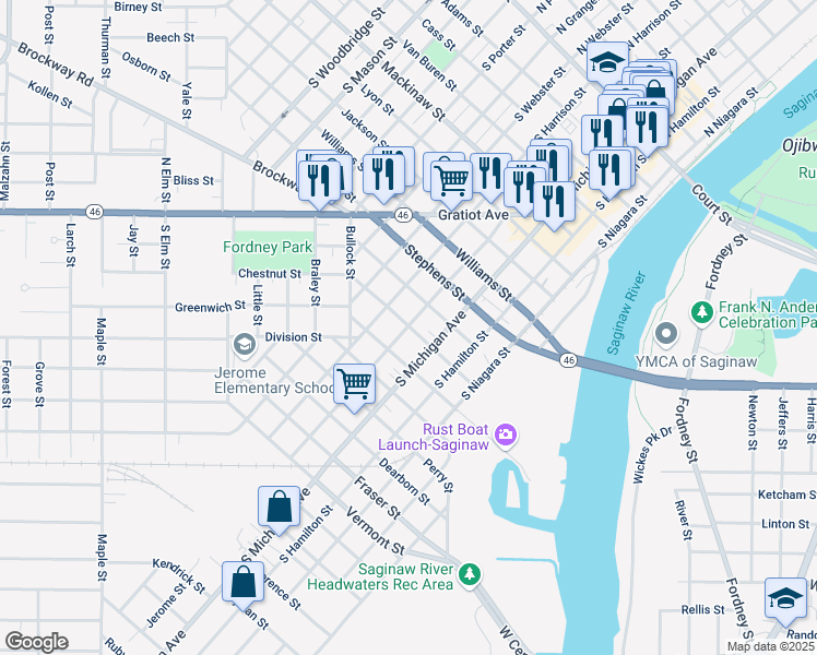 map of restaurants, bars, coffee shops, grocery stores, and more near Saginaw Street in Saginaw