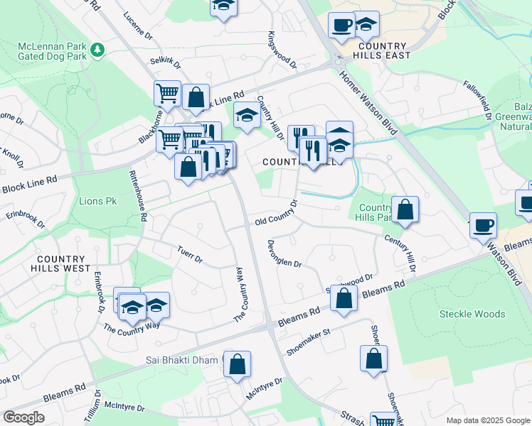 map of restaurants, bars, coffee shops, grocery stores, and more near 80 Old Country Drive in Kitchener