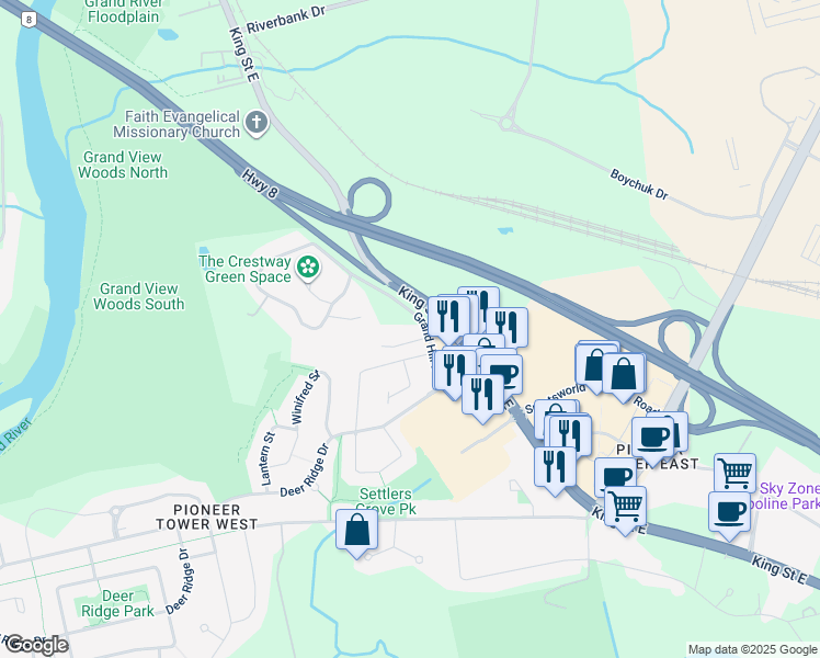 map of restaurants, bars, coffee shops, grocery stores, and more near 18 Folleys Lane in Kitchener