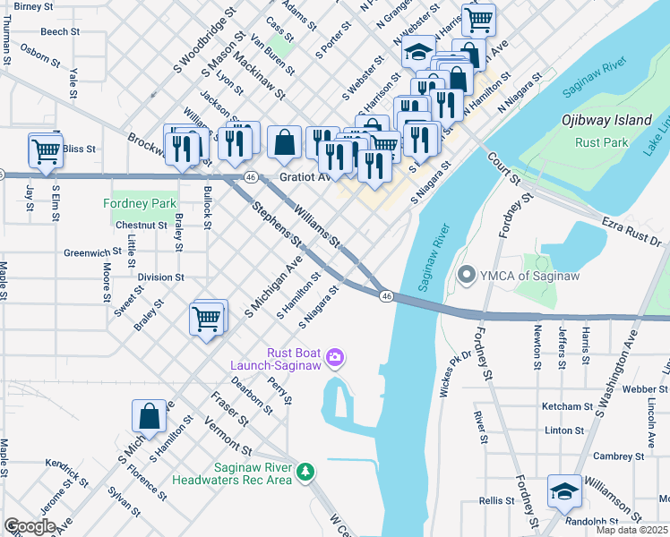 map of restaurants, bars, coffee shops, grocery stores, and more near 915 South Niagara Street in Saginaw