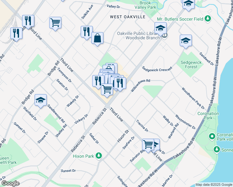 map of restaurants, bars, coffee shops, grocery stores, and more near Rebecca Street in Oakville