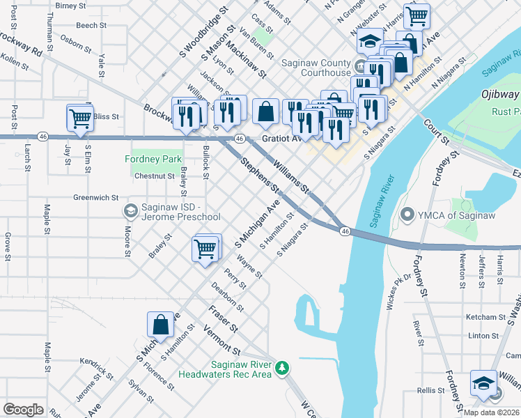 map of restaurants, bars, coffee shops, grocery stores, and more near 1002 South Michigan Avenue in Saginaw