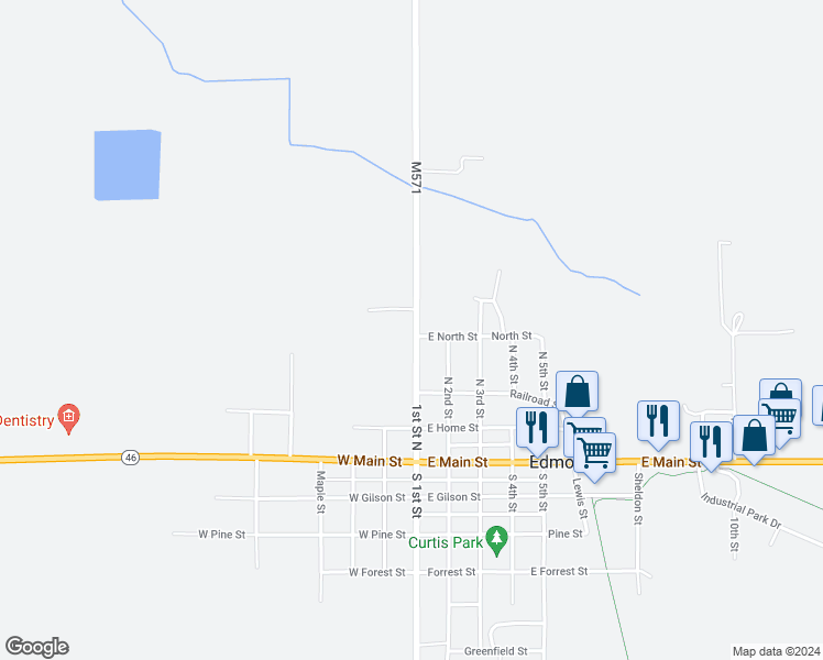 map of restaurants, bars, coffee shops, grocery stores, and more near 108 East North Street in Edmore