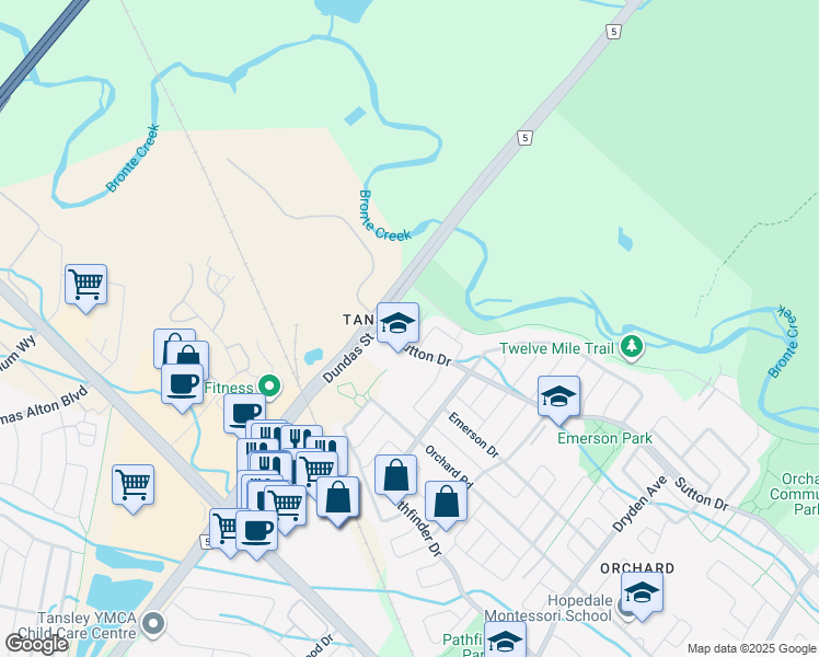 map of restaurants, bars, coffee shops, grocery stores, and more near 5230 Dundas Street in Burlington