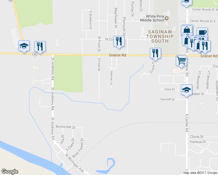 map of restaurants, bars, coffee shops, grocery stores, and more near 486 Harrow Lane in Saginaw