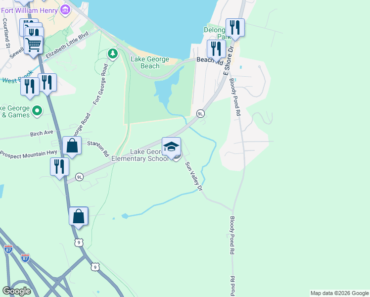 map of restaurants, bars, coffee shops, grocery stores, and more near 69 Sun Valley Drive in Lake George