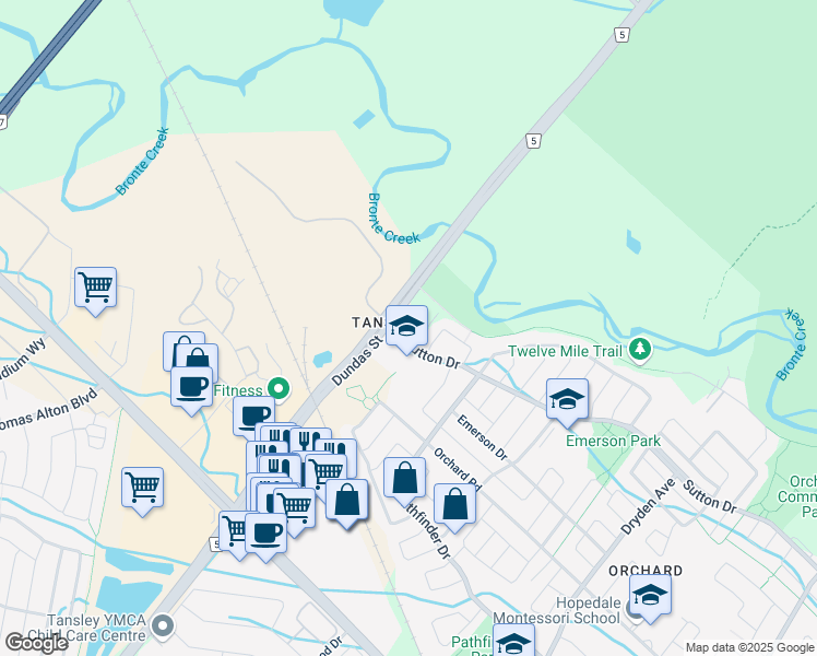 map of restaurants, bars, coffee shops, grocery stores, and more near 5230 Dundas Street in Burlington