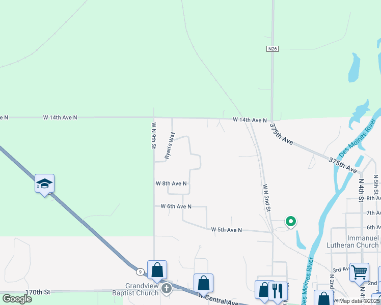 map of restaurants, bars, coffee shops, grocery stores, and more near Brad Alan Boulevard in Estherville