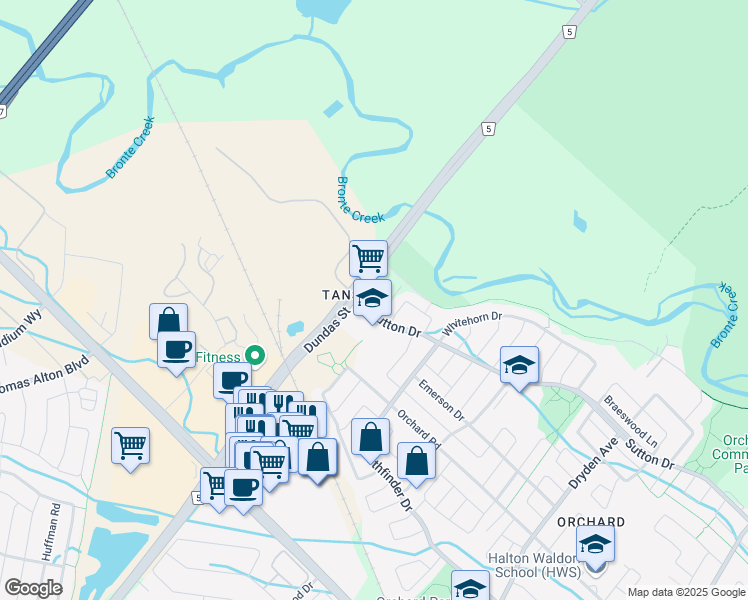 map of restaurants, bars, coffee shops, grocery stores, and more near 5230 Dundas Street in Burlington