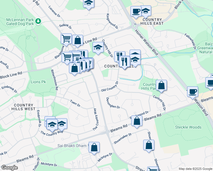 map of restaurants, bars, coffee shops, grocery stores, and more near 80 Old Country Drive in Kitchener