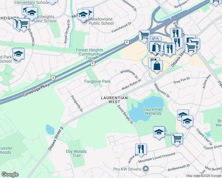 map of restaurants, bars, coffee shops, grocery stores, and more near 161 Windflower Drive in Kitchener