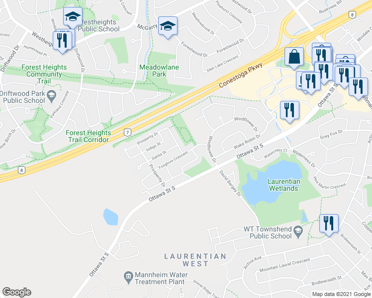 map of restaurants, bars, coffee shops, grocery stores, and more near 42 Foxglove Crescent in Kitchener