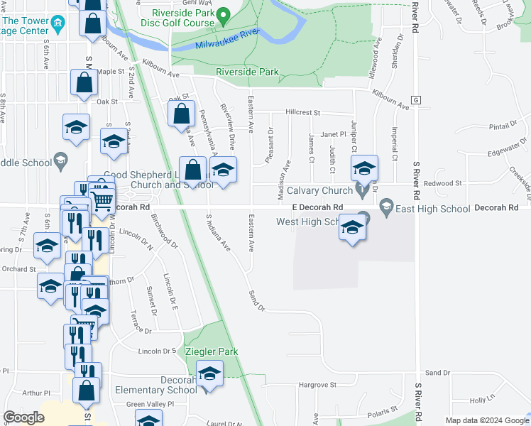 map of restaurants, bars, coffee shops, grocery stores, and more near 621 East Decorah Road in West Bend