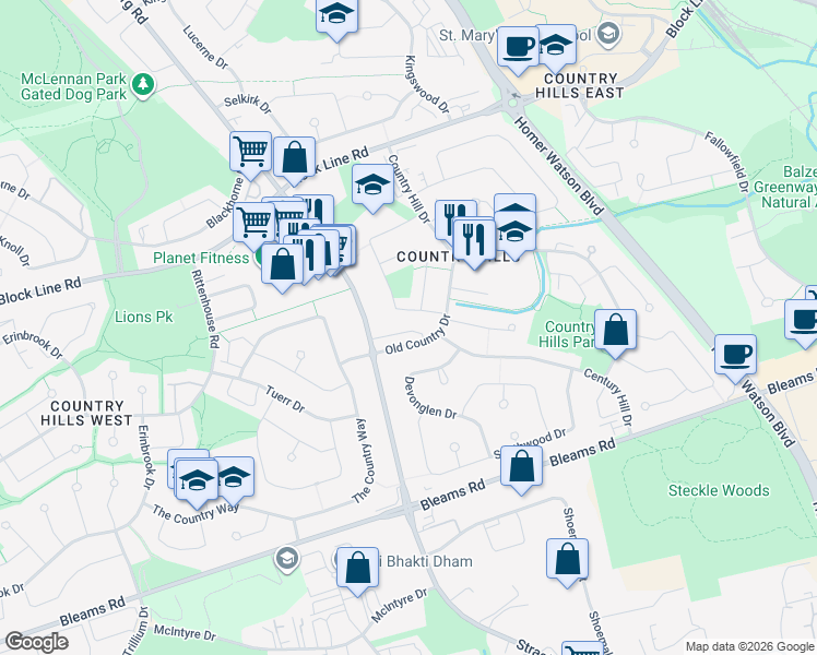 map of restaurants, bars, coffee shops, grocery stores, and more near 80 Old Country Drive in Kitchener