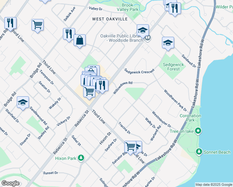 map of restaurants, bars, coffee shops, grocery stores, and more near 1453 Seagram Avenue in Oakville