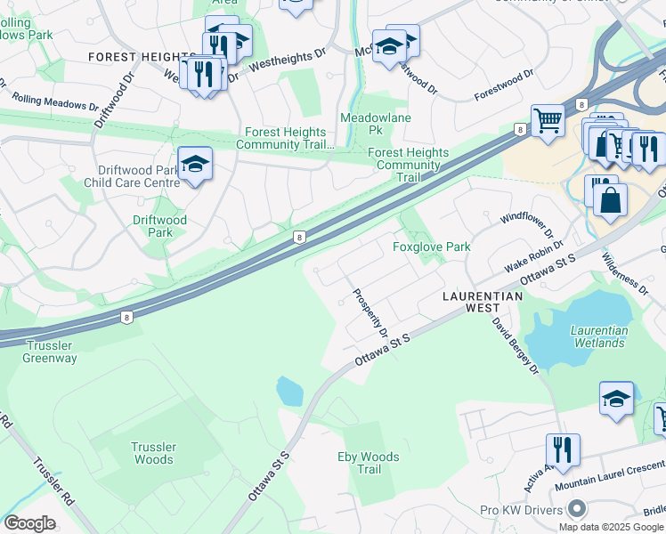 map of restaurants, bars, coffee shops, grocery stores, and more near in Kitchener