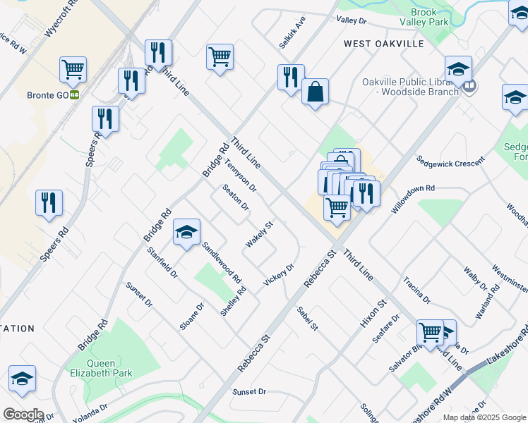 map of restaurants, bars, coffee shops, grocery stores, and more near 398 Tennyson Drive in Oakville
